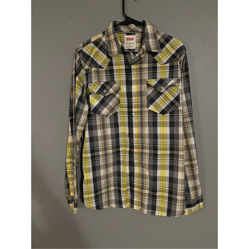 Levi's 2 Pocket Plaid Black Yellow Gray Pearl Snap Western Shirt Sz M